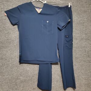 Koi Basics Scrubs Set Blue Women Medical Uniform Solid Top Size S Pants Size M